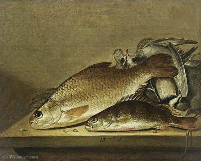 A Still Life With Fish And Birds On A Wooden Ledge — Pieter De Putter