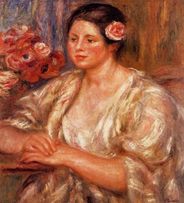 Madeline In A White Blouse And Bouquet Of Flowers — Pierre-auguste Renoir