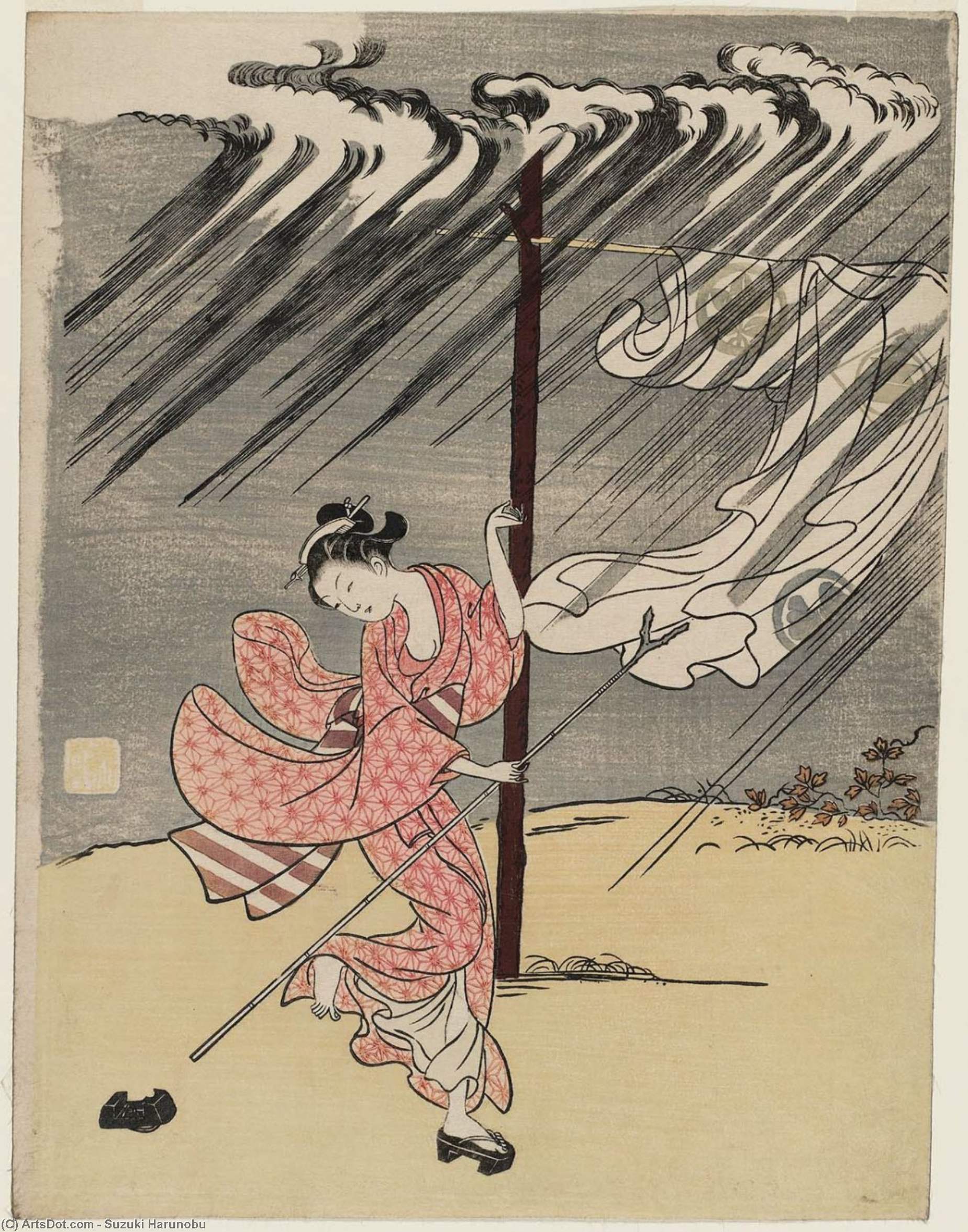 A Young Woman In A Summer Shower — Suzuki Harunobu