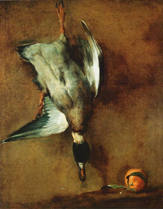 Un Canard Col-vert Attaché À La Muraille Et Une Bigarade — Jean-baptiste-siméon Chardin