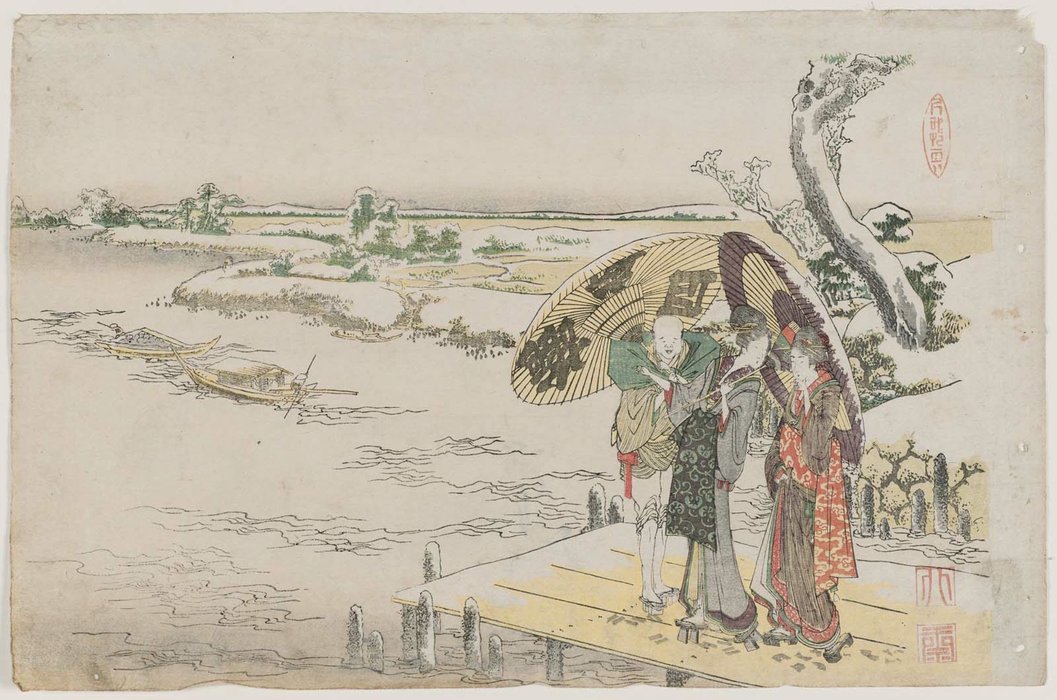 Two Women And Servant On Wharf In Snow — Katsushika Hokusai