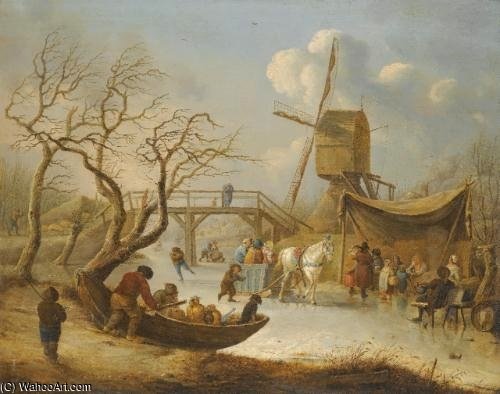 A Winter Landscape With Skating Figures And A Horse-drawn Sleigh Near A Wind Mill — Andries Vermeulen