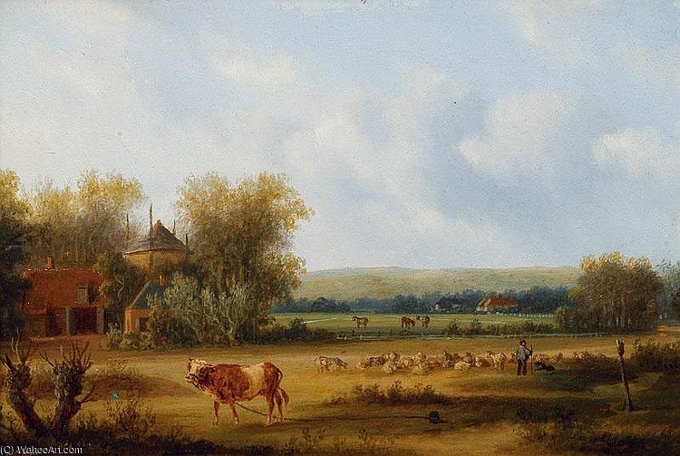 Sheperd With His Flock In A Wide Landscape — Carl Eduard Ahrendts