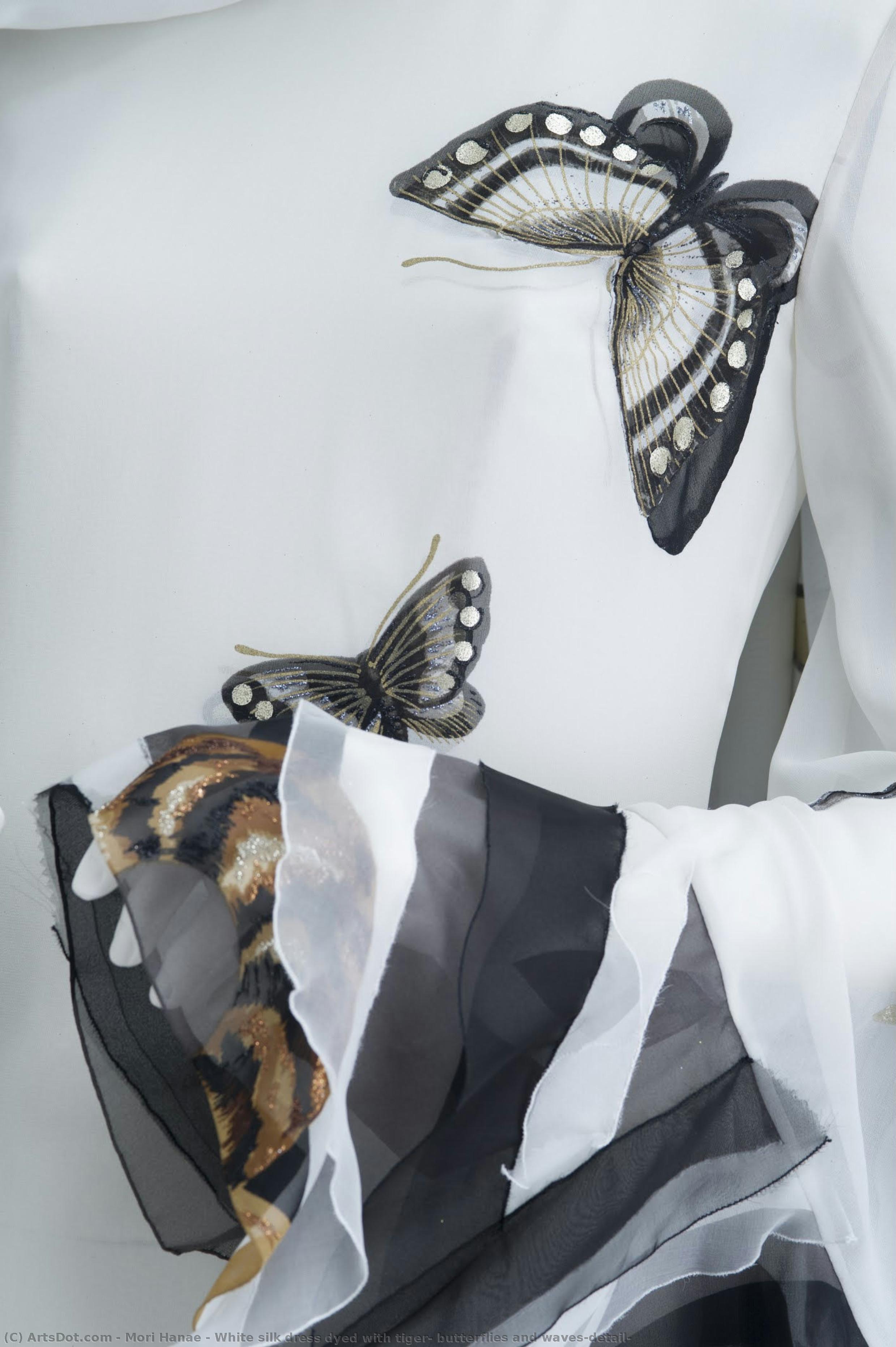 White Silk Dress Dyed With Tiger, Butterflies And Waves(detail) — Mori Hanae