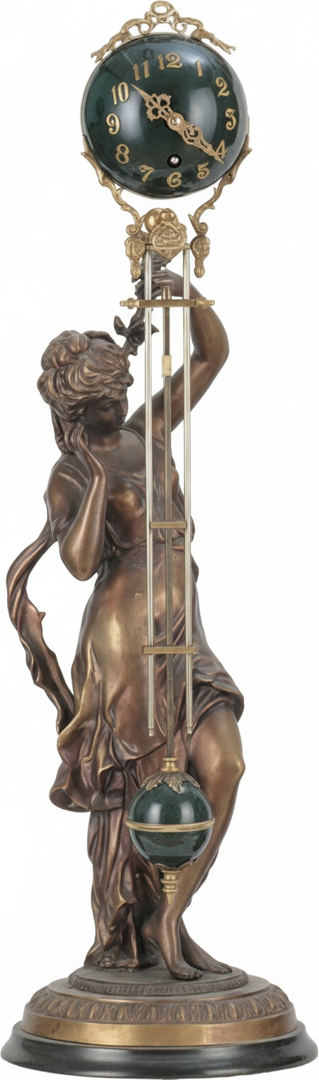 Antique Bronze Pendulum Clock With Swinging Ball & Brass Statue