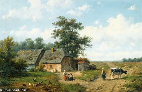 Figures Outside A Cottage On A Sunny Day — Anthonie Jacobus Van Wijngaerdt