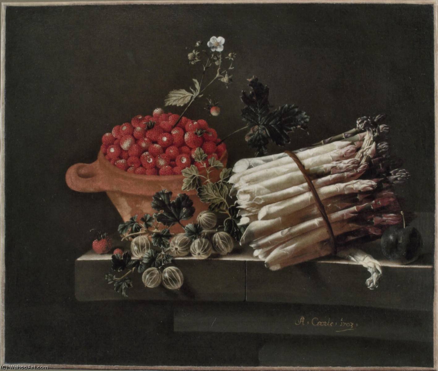 English A Pot Of Strawberries, Gooseberries, And A Bundle Of Asparagus On A Stone Plinth — After Adriaen Coorte