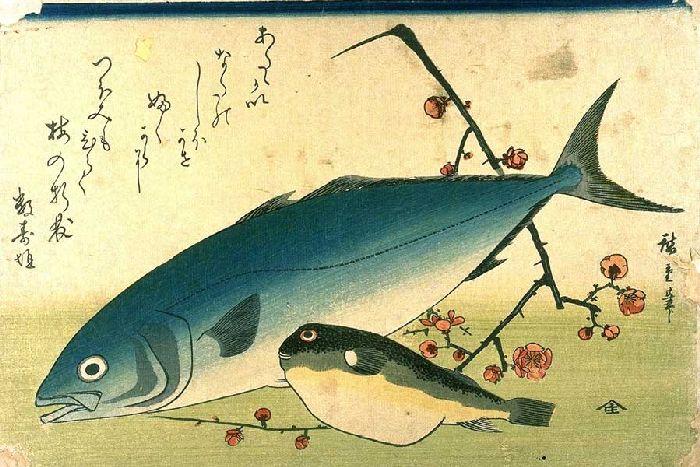 Yellowtail, Blowfish And Plum Branch — Андро Хиросиге