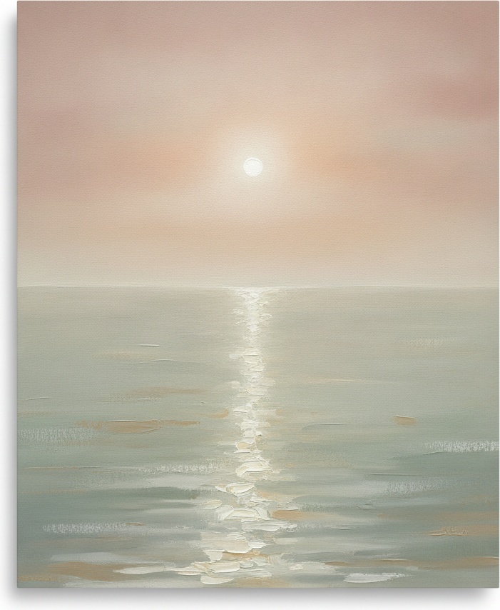 Sunlit Path Over Muted Peach And Sage Tides — Laurent Roche