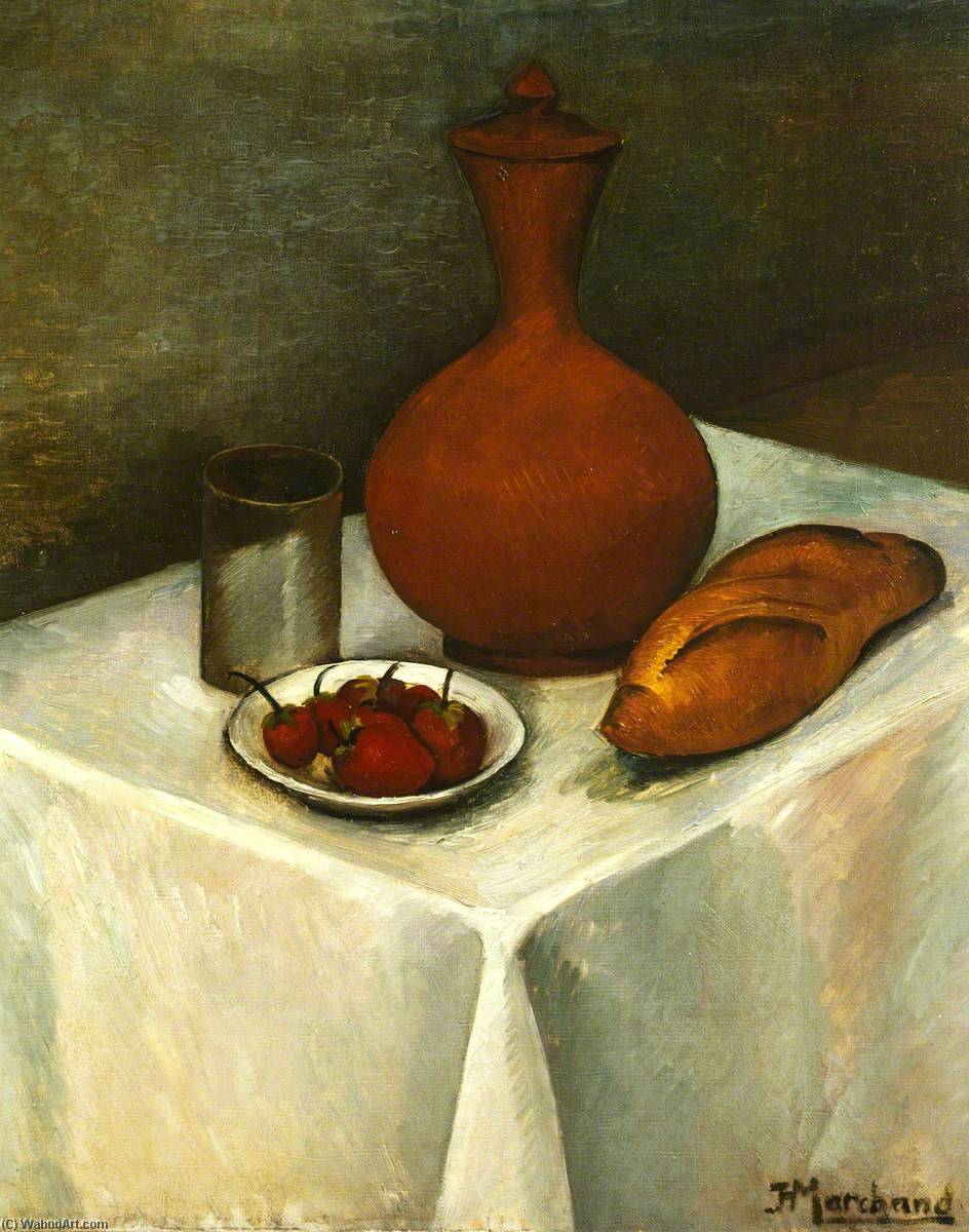 Still Life With Earthenware Jug, Loaf And Strawberries — Jean Hyppolyte Marchand