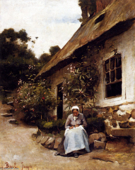 Woman Sewing In Front Of Her Cottage — Claude Joseph Bail