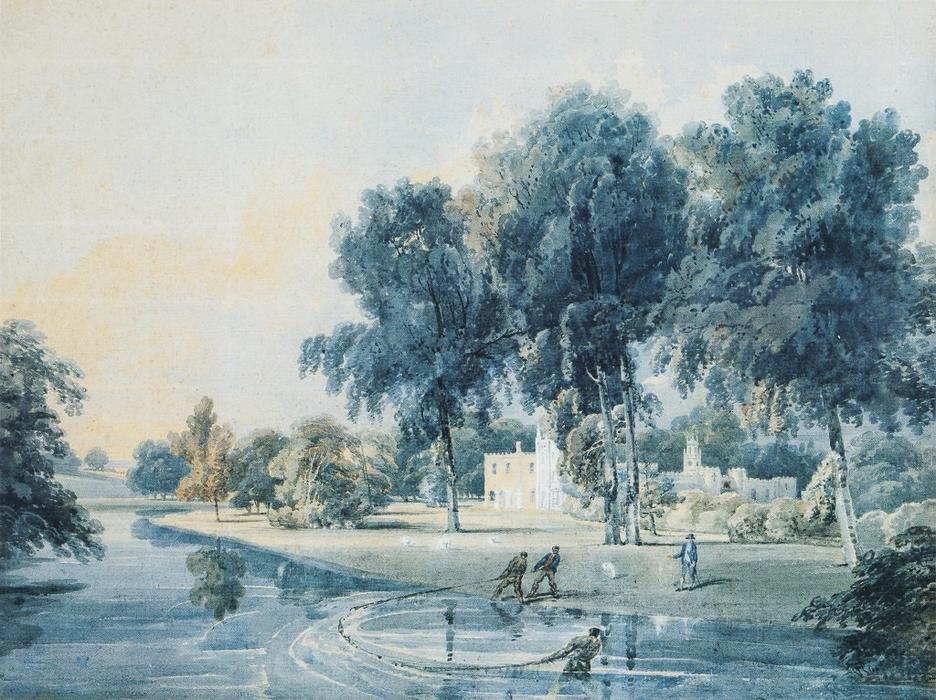 Chalfont House, Buckinghamshire, With Fishermen Netting The Broadwater — Thomas Girtin