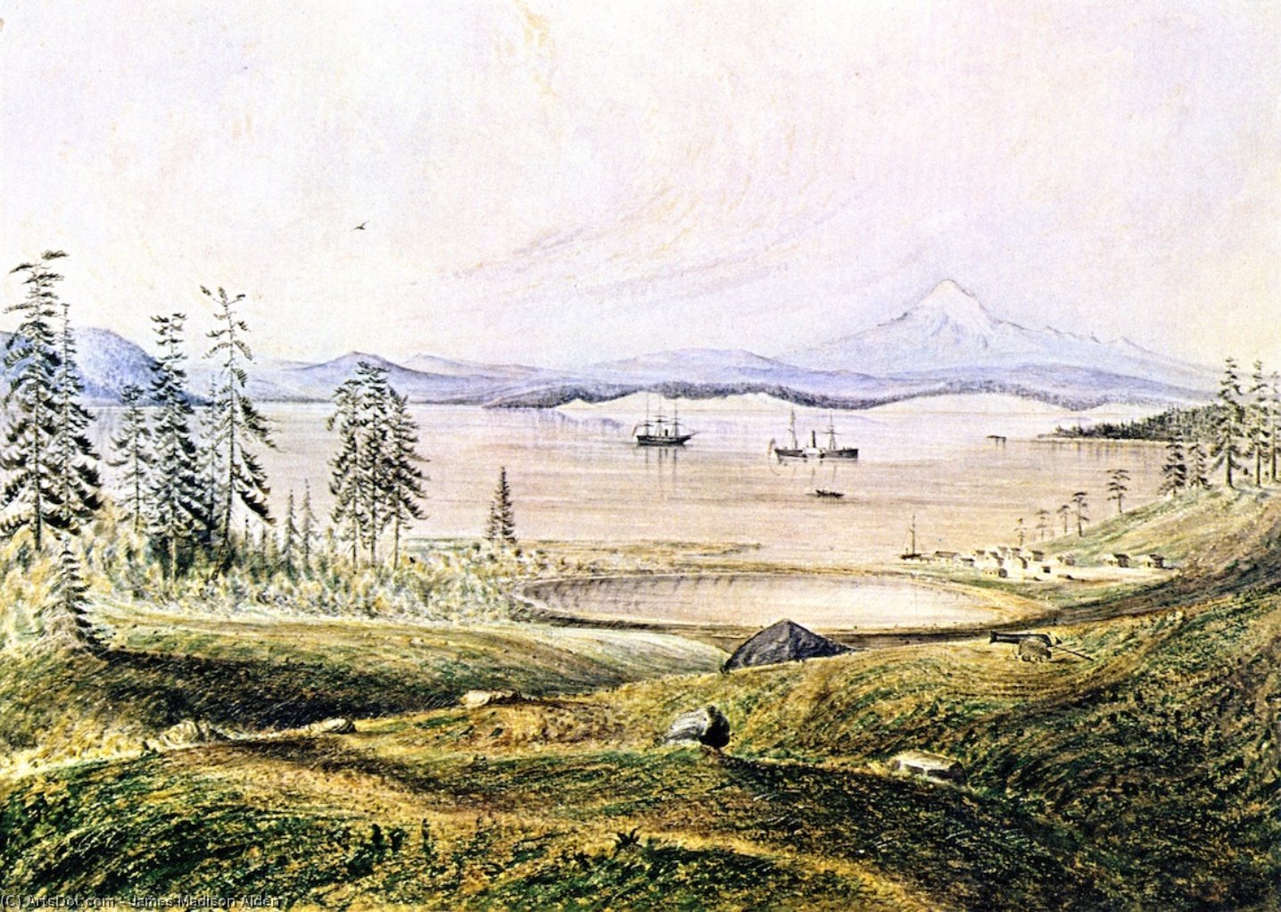 View From Hill On San Juan Island Looking South With Ontario Roads, Active And Ewing At Anchor, Lopez Island And Mount Baker In The Distance — James Madison Alden