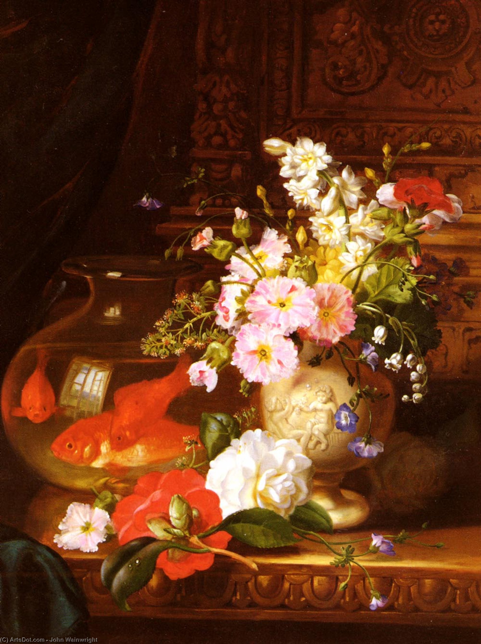 Still Life With Camellias - Primroses And Lily Of The Valley ....n By A Goldfish Bowl — John Wainwright