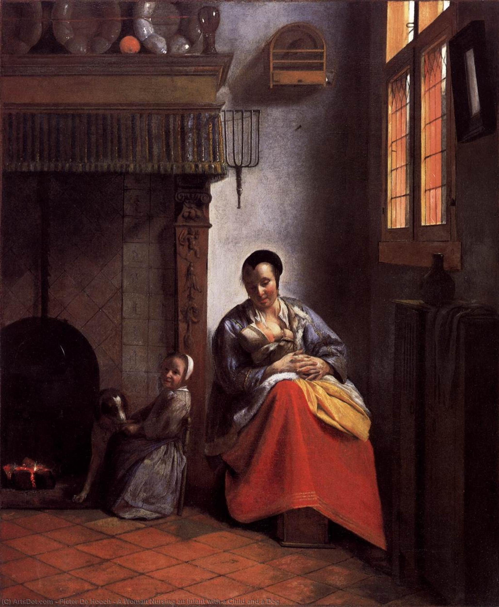A Woman Nursing An Infant With A Child And A Dog — Питер Де Хух