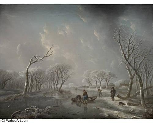 A Winter Landscape With Boys Skating On A Frozen River And A Man Walking His Dog — Andries Vermeulen