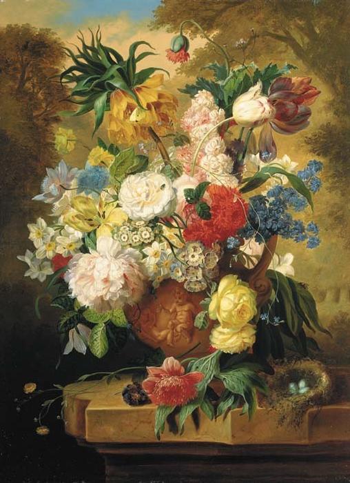 Flowers N A Terracotta Vase On A Marble Ledge In A Landscape — John Wainwright