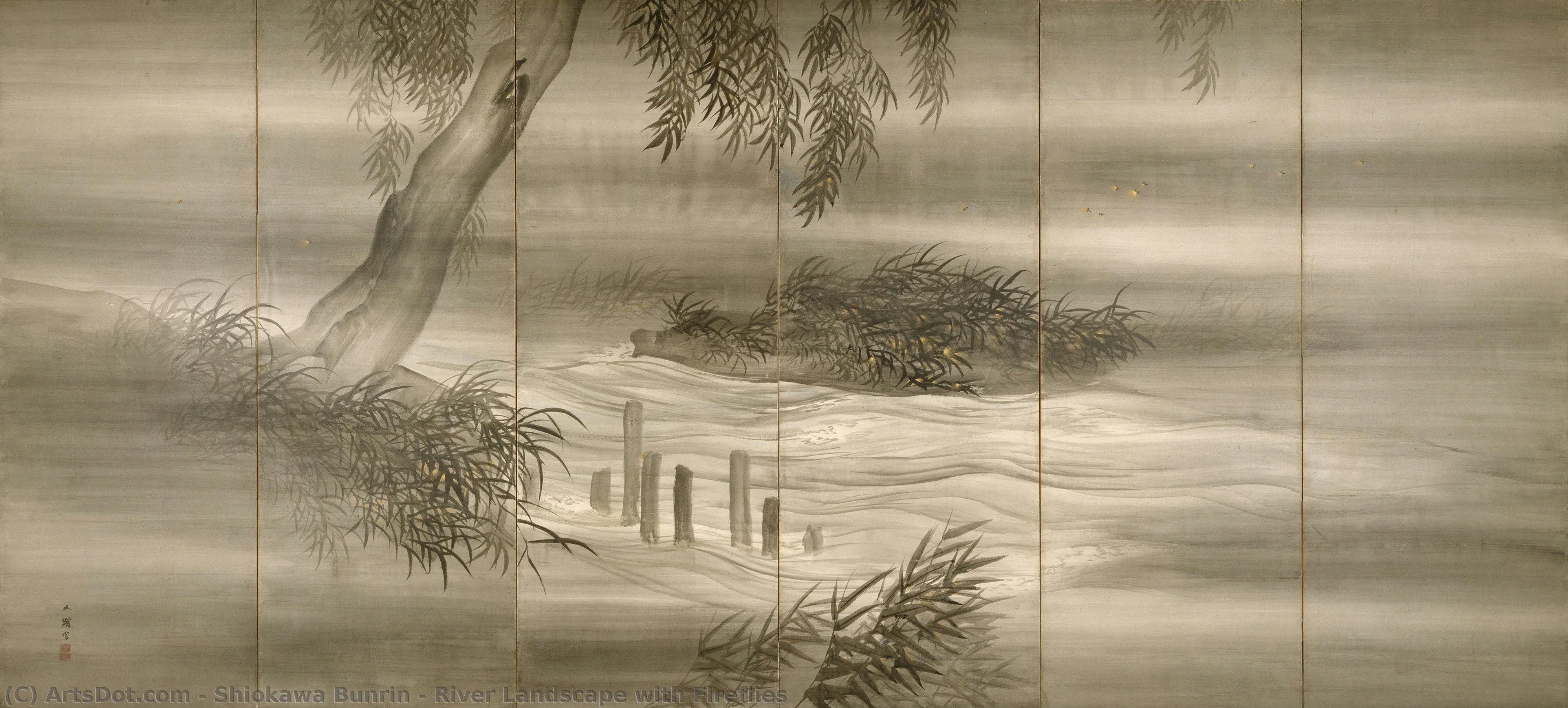River Landscape With Fireflies — Shiokawa Bunrin
