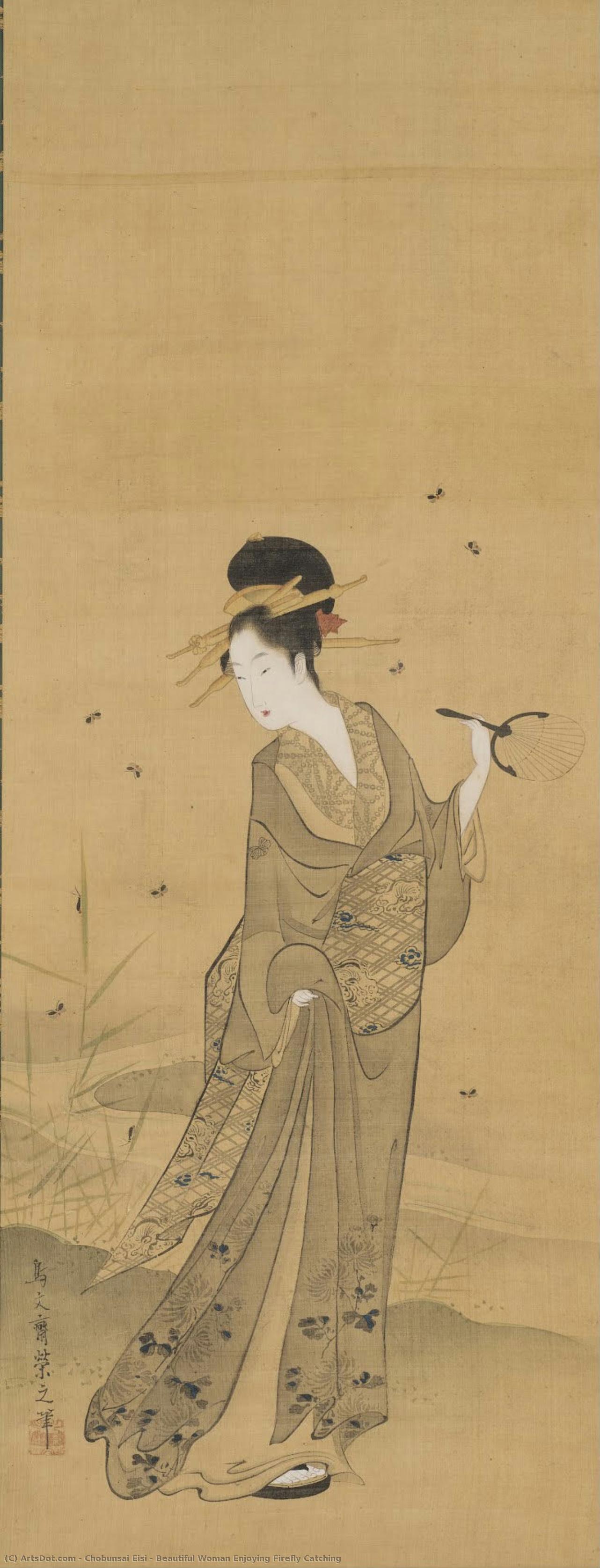 Beautiful Woman Enjoying Firefly Catching — Chōbunsai Eishi