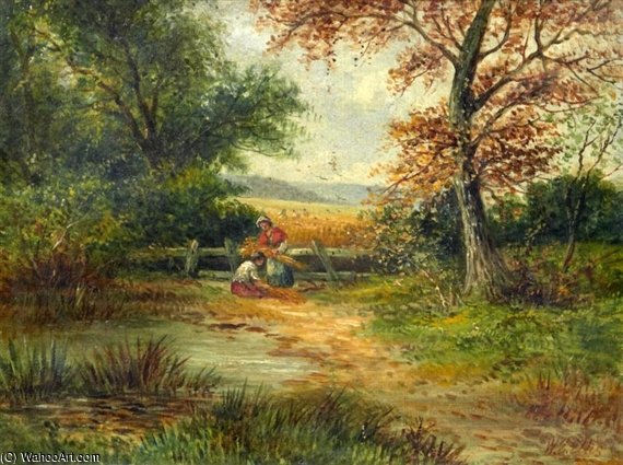 Young Maids Gathering Corn In A Wooded Landscape — Ellis William Roberts