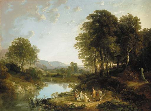 A Wooded River Landscape With Figures In The Foreground, Traditionally Identified As 'on The Teign' — William Payne