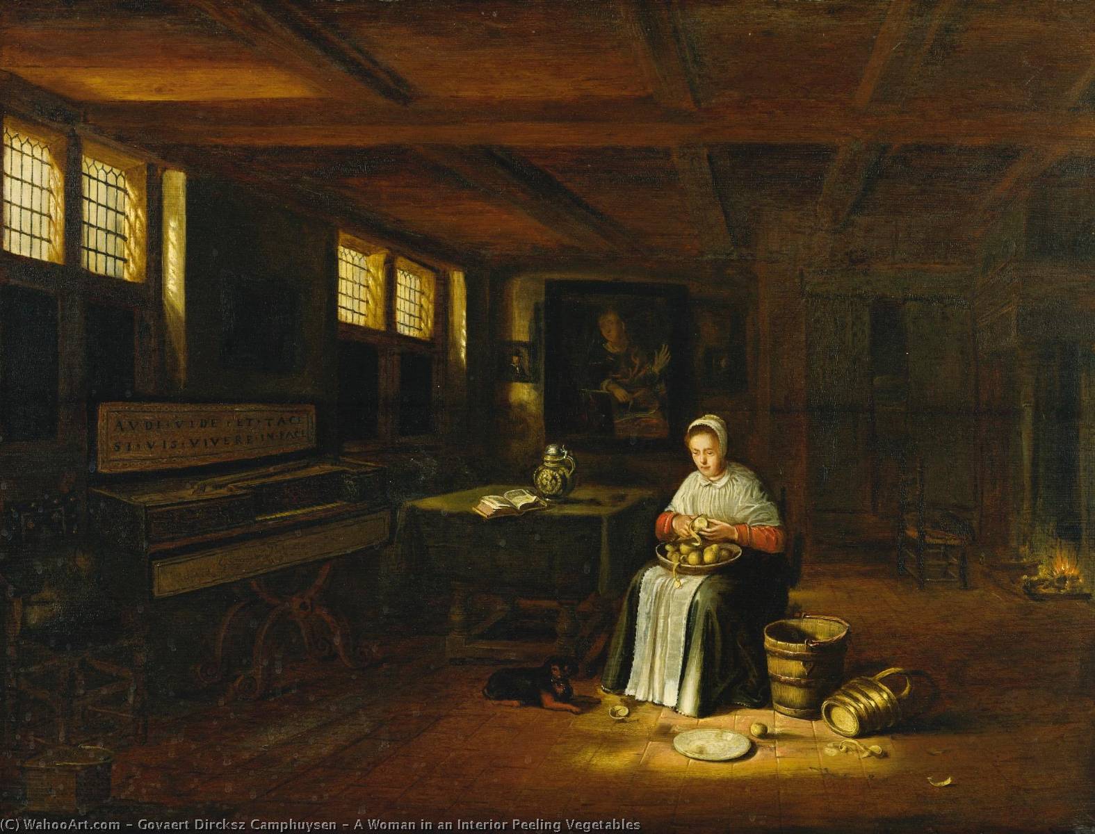 A Woman In An Interior Peeling Vegetables — Govert Dircksz Camphuysen