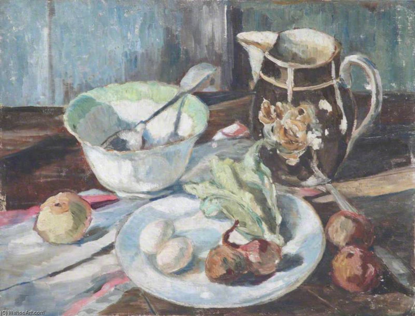 Still Life With Onions, Food On A Dish, A Spoon In A Bowl And Lustreware Jug — Alan Francis Clutton Brock