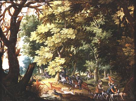 A Wooded Landscape With Hunters And Hounds (oil On Copper) — Isaac Van Oosten