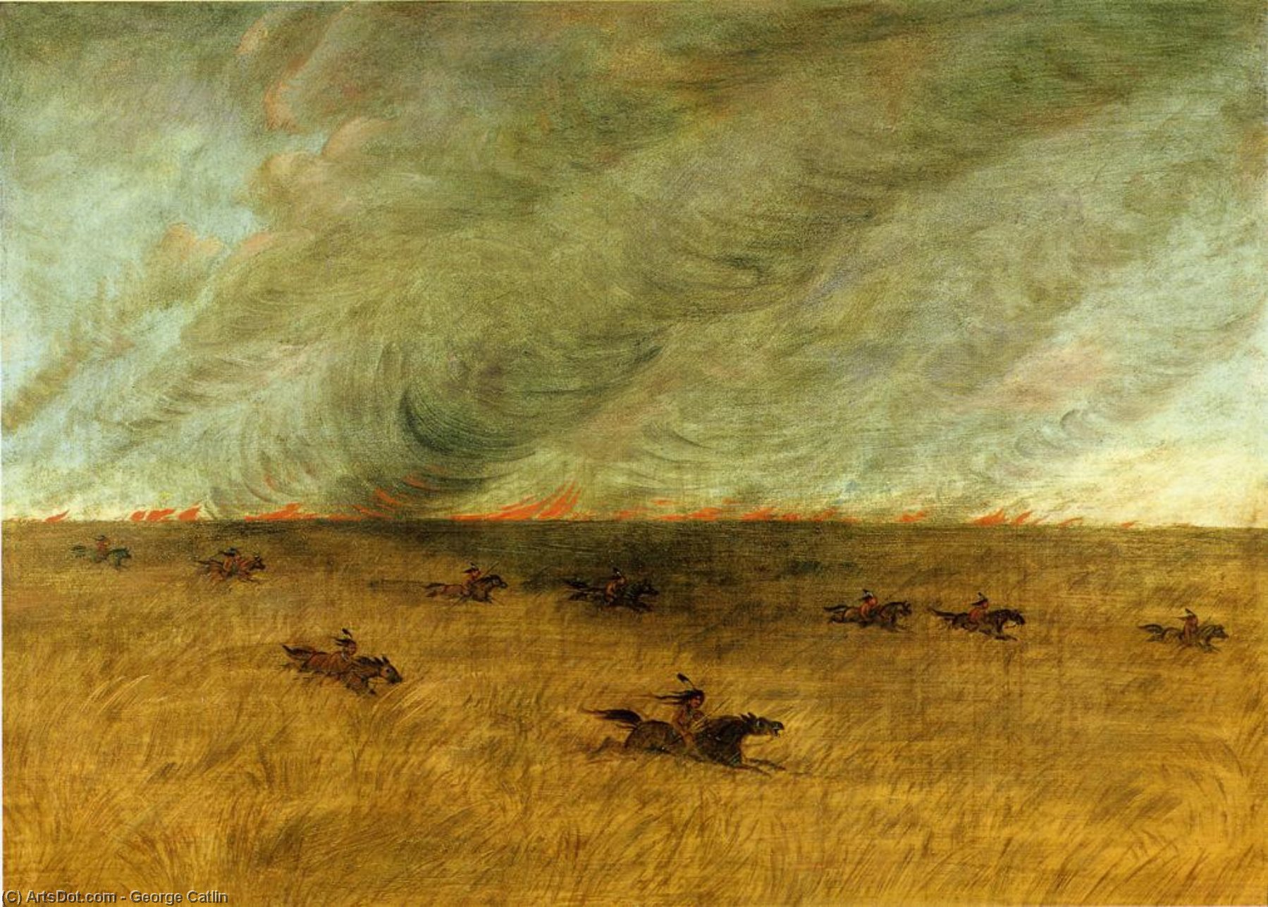 Fire In A Missouri Meadow And A Party Of Sioux Indians Escaping From It, Upper Missouri — George Catlin