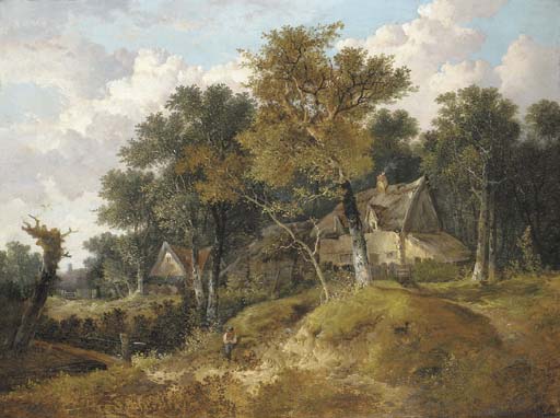 A Wooded Landscape With Cottages And A Figure Resting By A Stream — John Berney Ladbrooke