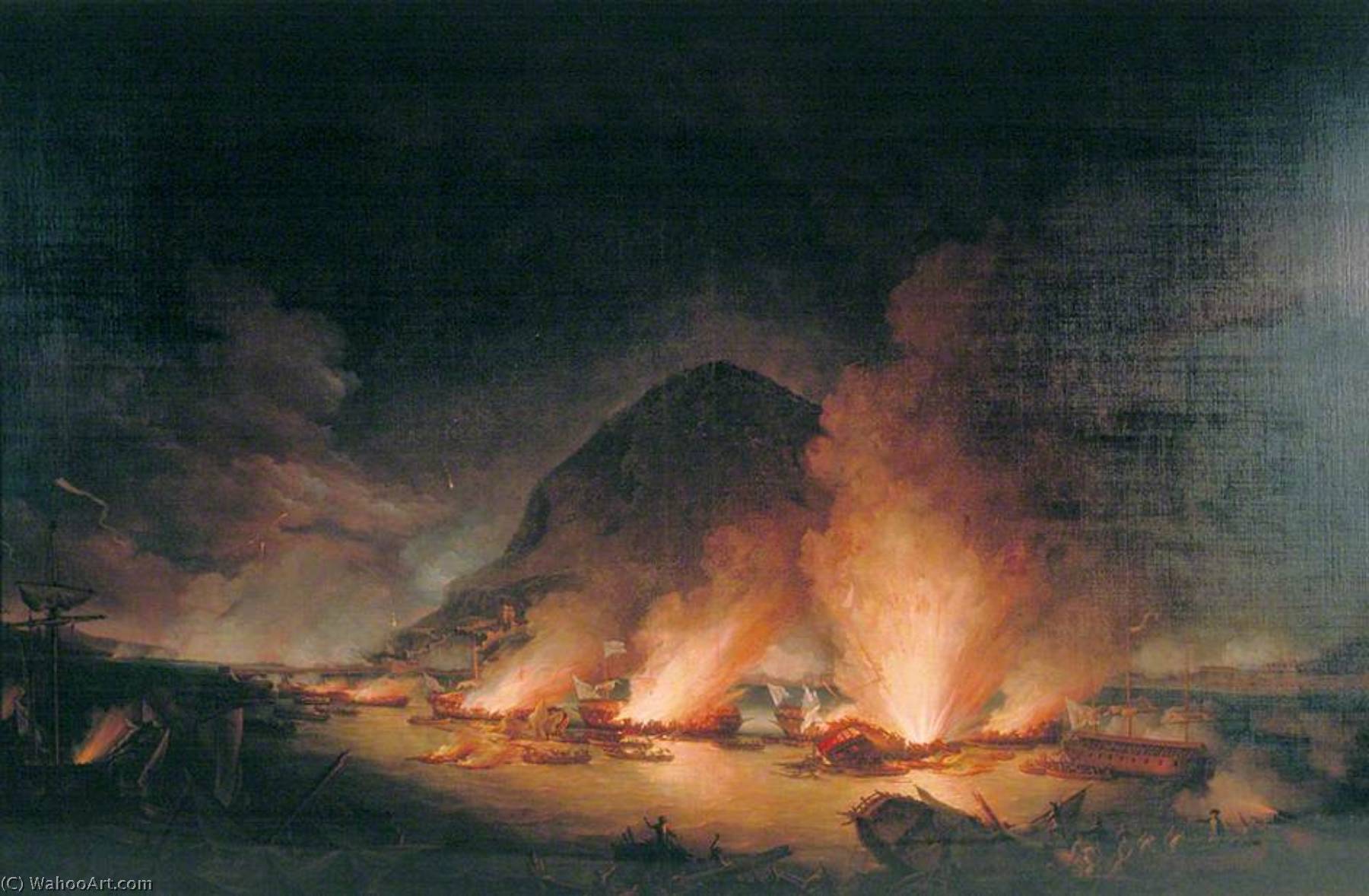 The Defence Of Gibraltar On The Night Of 13 September 1782, With The Spanish Gunboats Ablaze — Richard Paton
