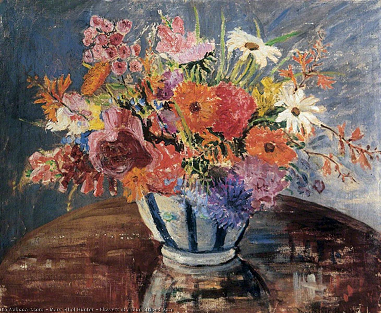 Flowers In A Blue Striped Vase — Mary Ethel Hunter