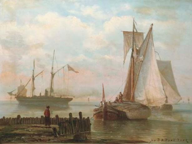 Sailing Vessels And A Steamship On A Calm — Johannes Hermann Barend Koekkoek