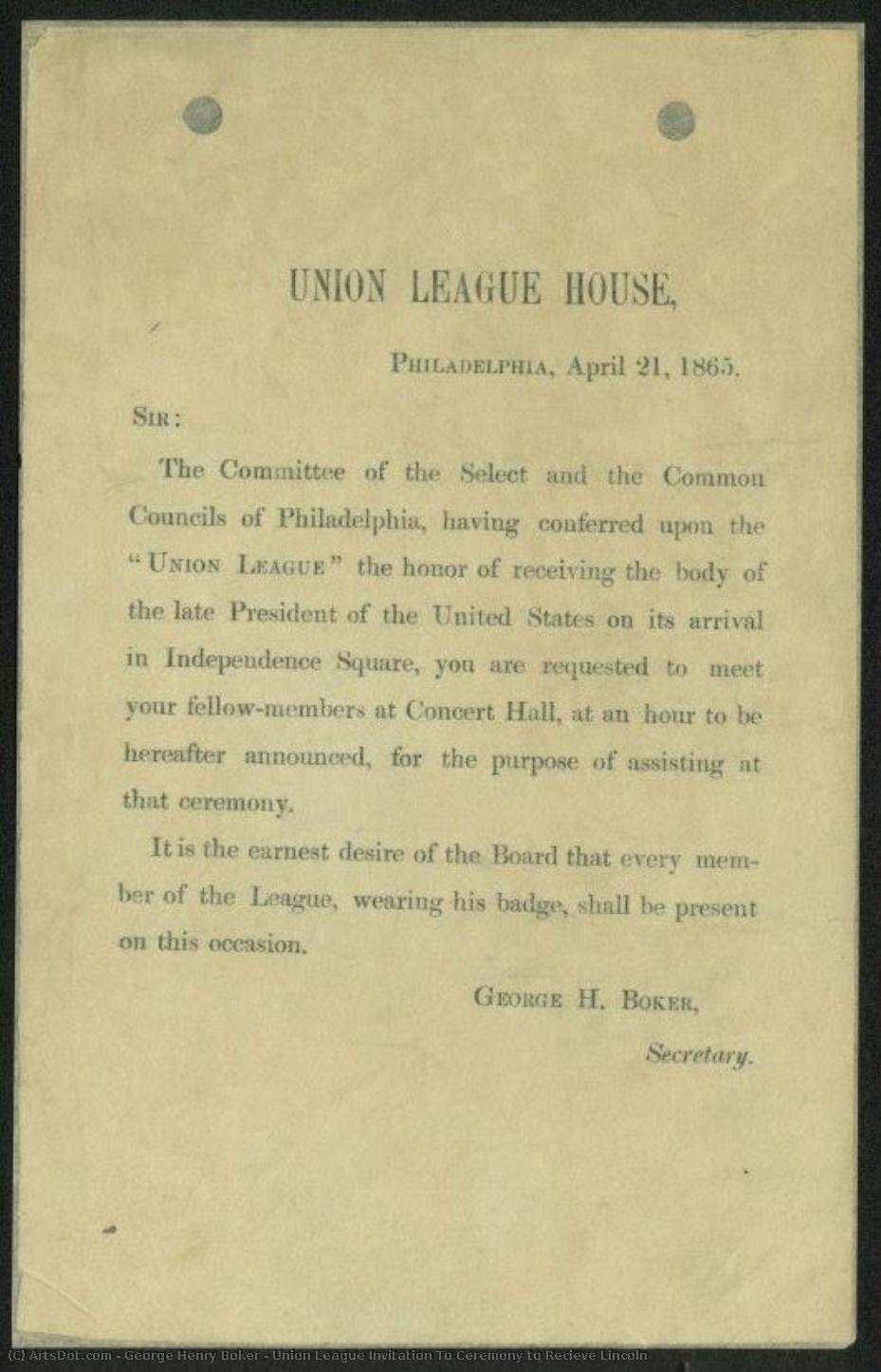 Union League Invitation To Ceremony To Recieve Lincoln — George Henry Boker