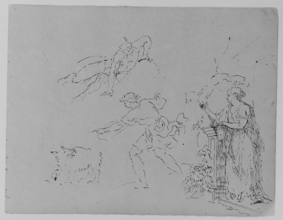 Male [breaking Fall]; Male Gesturing Toward Dog; Female On Step Leaning Against Column By Foliage — Thomas Sully