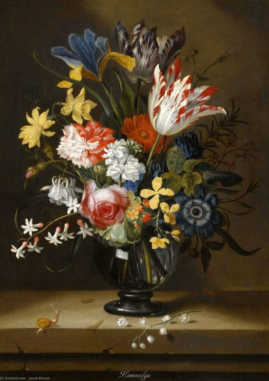 Still Life Of Flowers In A Vase With A Lizard On A Ledge — Jacob Marrel