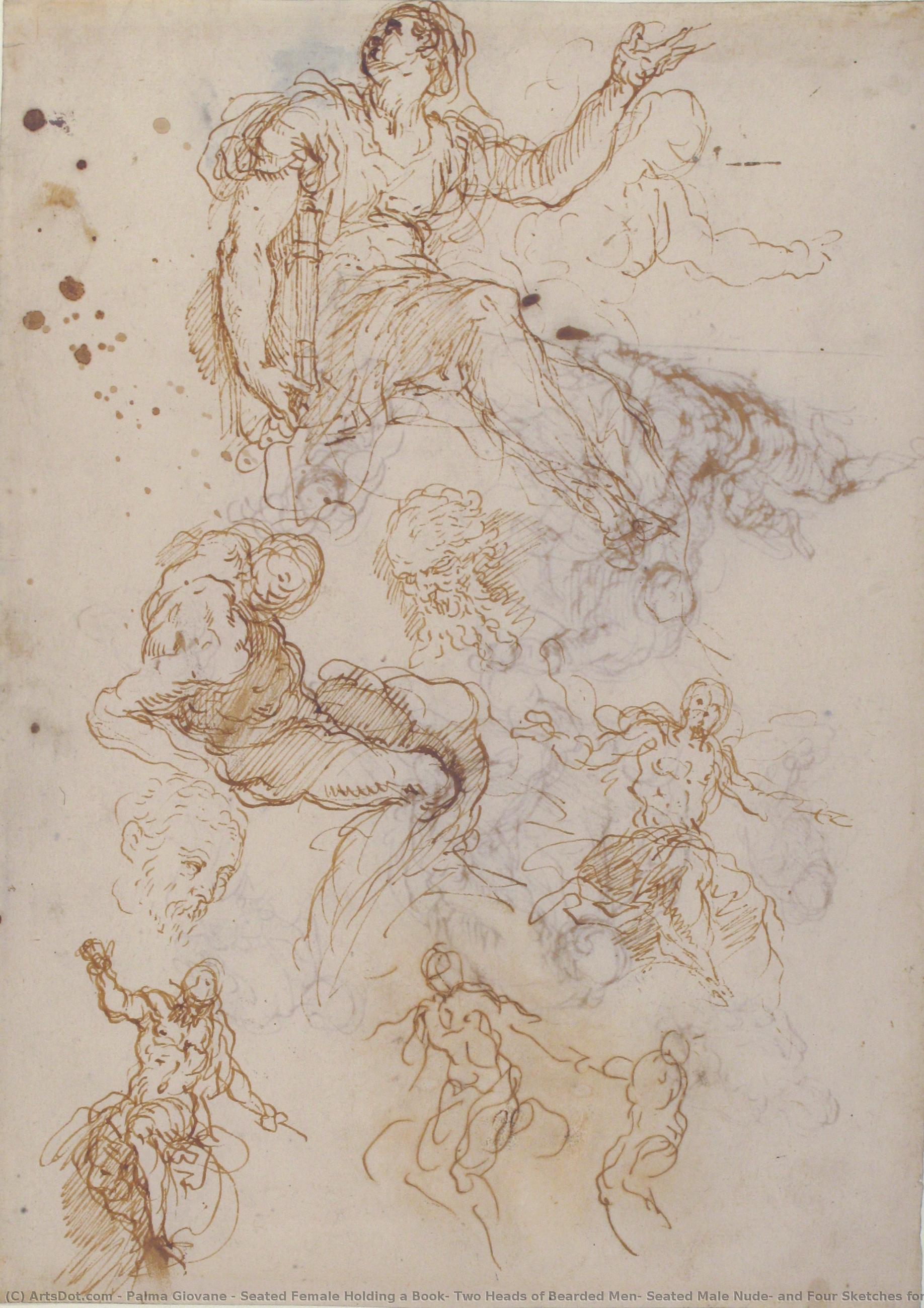 Seated Female Holding A Book, Two Heads Of Bearded Men, Seated Male Nude, And Four Sketches For Christ Judging (recto); Studies For Cain Slaying Abel (verso) — Jacopo Palma Il Giovane