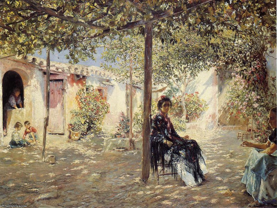 Ladies In A Sun-dapples Courtyard — Jose Gallegos Y Arnosa