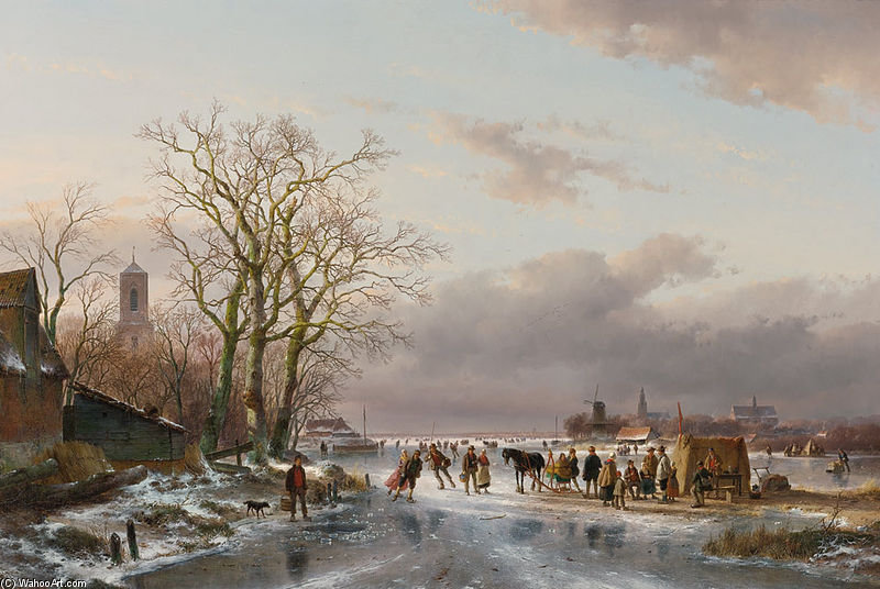 Numerous Skaters And A Horse-sledge By A Refreshment Stall — Andreas Schelfhout