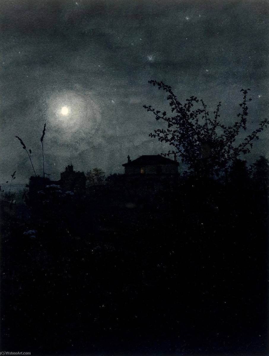 Moonlight Scene, Houses In The Background — Léon Bonvin