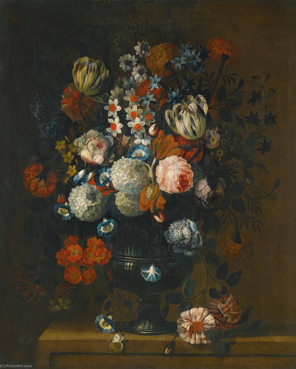 Still Life Of Roses, Variegated Tulips, Peonies, Daffodils And Other Flowers In A Sculpted Vase — Simon Hardimé