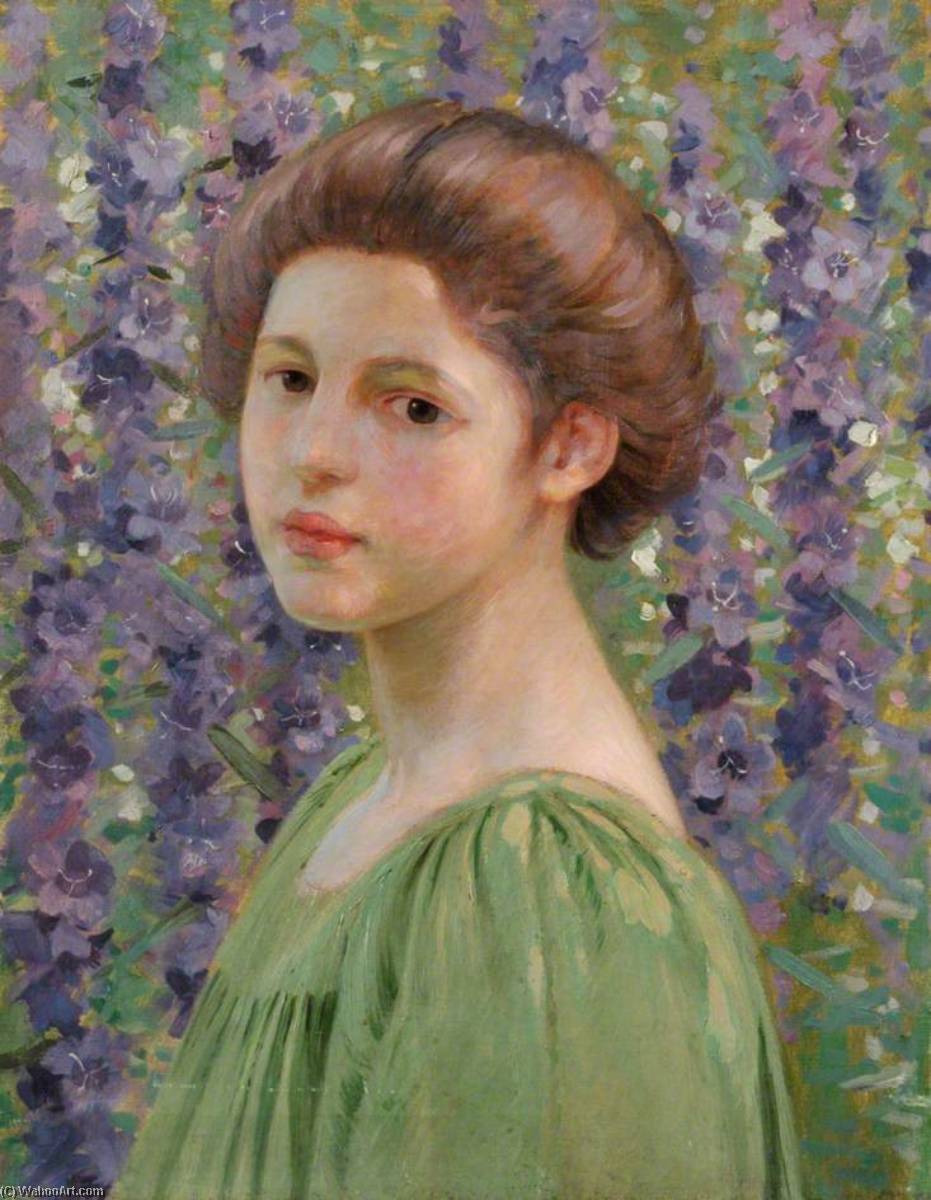 Portrait Of A Girl Amongst Purple Delphiniums — William Herbert Allen