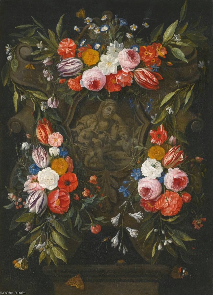 A Garland Of Flowers Around A Stone Cartouche Depicting The Virgin And Child And Saint John — Jan Van Kessel The Elder