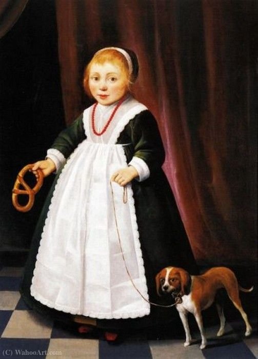 Portrait Of A Girl With A Pretzel And A Dog On A Leash — Jacob Gerritszoon Cuyp