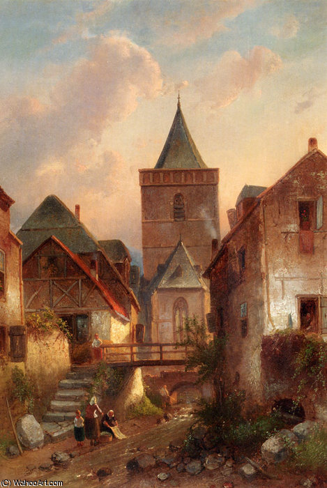 View In A German Village With Washerwomen — Charles Henri Joseph Leickert
