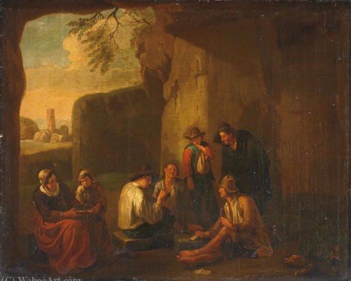 Peasants Playing Cards In A Grotto, Ancient Ruins Beyond — Norbert Van Bloemen