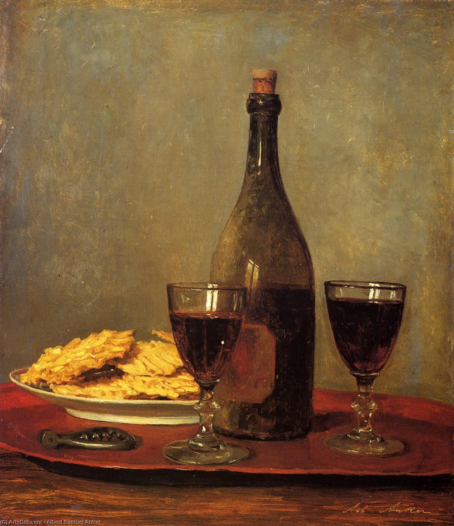 Still Life: Two Glass Of Red Wine, A Bottle Of Wine, A Corkscrew And A Plate Of Biscuits On A Tray — Albert Samuel Anker