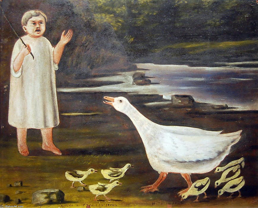 The Girl And The Goose With Goslings — Niko Pirosmani