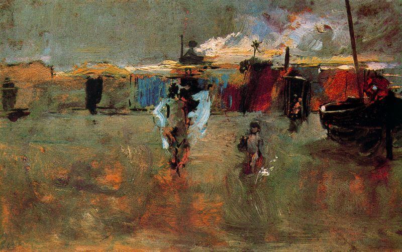 Beach Scene With Houses And Boat — Ignacio Pinazo Camarlench