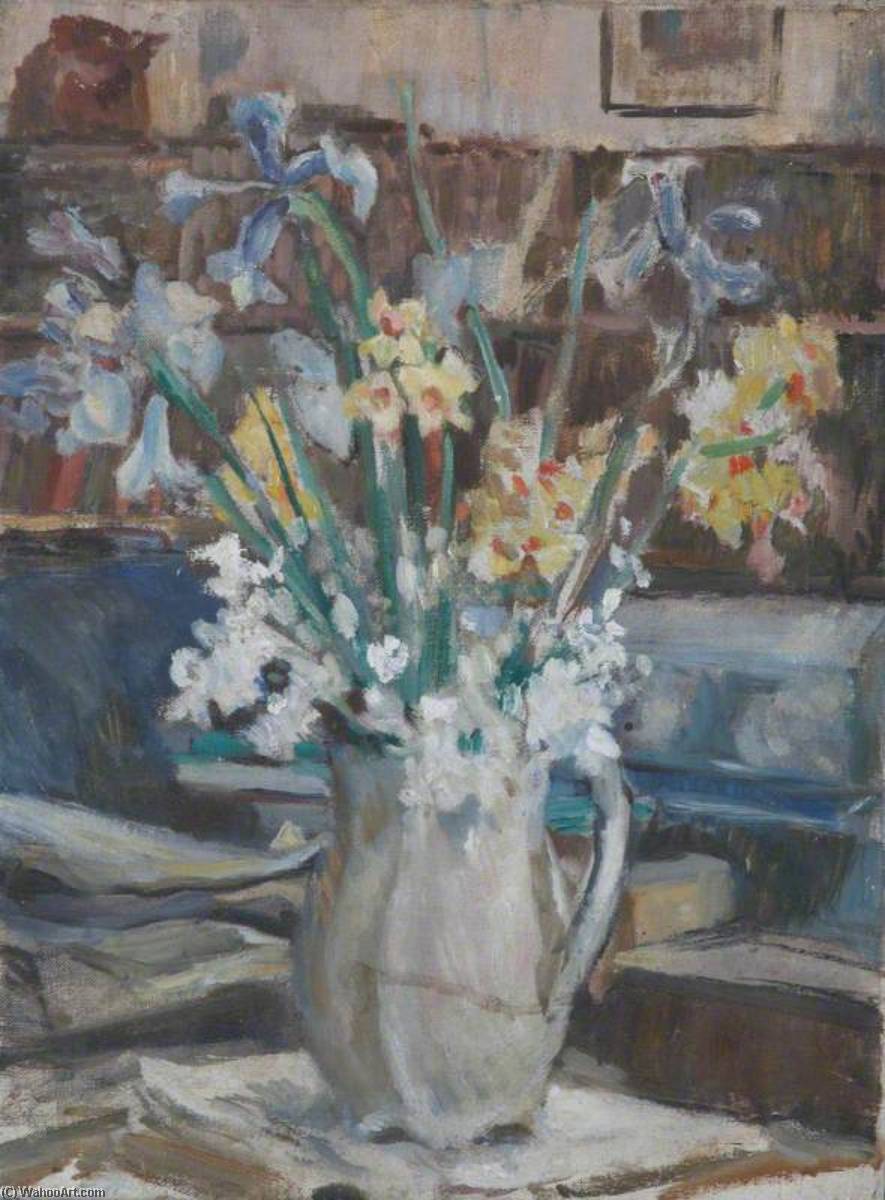 Still Life Of A Vase With Daffodils And Blue Irises — Alan Francis Clutton Brock